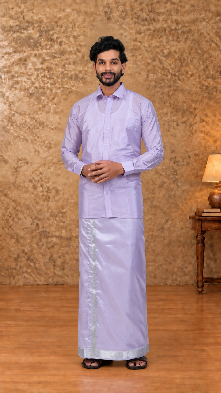 Art Silk Lavander Velcro Mappillai Set | 3-in-1 | Double Layer | 1 1/2" Silver Jari Border