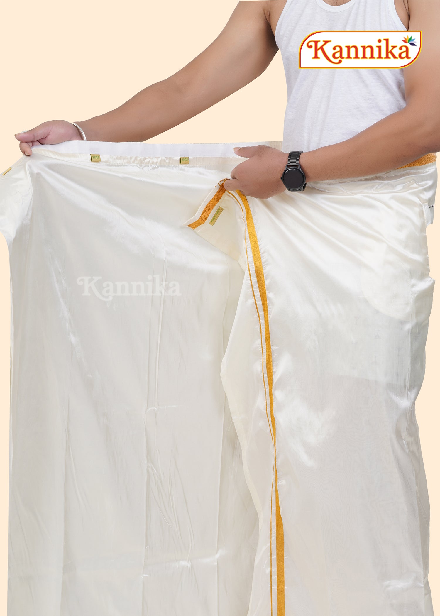 Art Silk Cream Velcro Mappillai Set | 2-in-1 | Double Layer | 1" Gold Jari Border