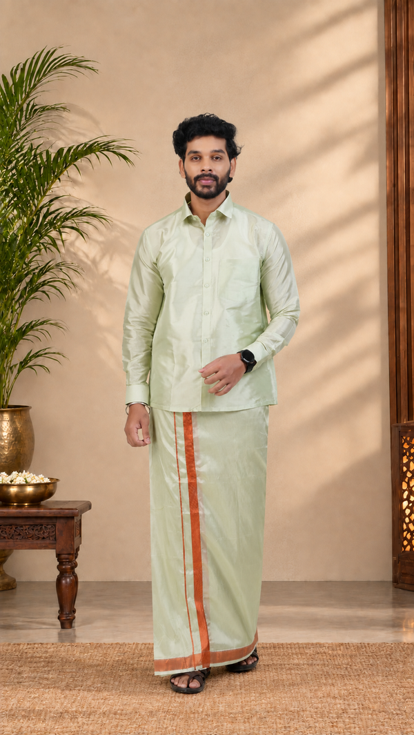 Art Silk Pista Green Velcro Mappillai Set | 3-in-1 | Double Layer | 1 1/2" Copper Jari Border