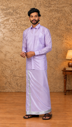 Art Silk Lavander Velcro Mappillai Set | 3-in-1 | Double Layer | 1 1/2" Silver Jari Border