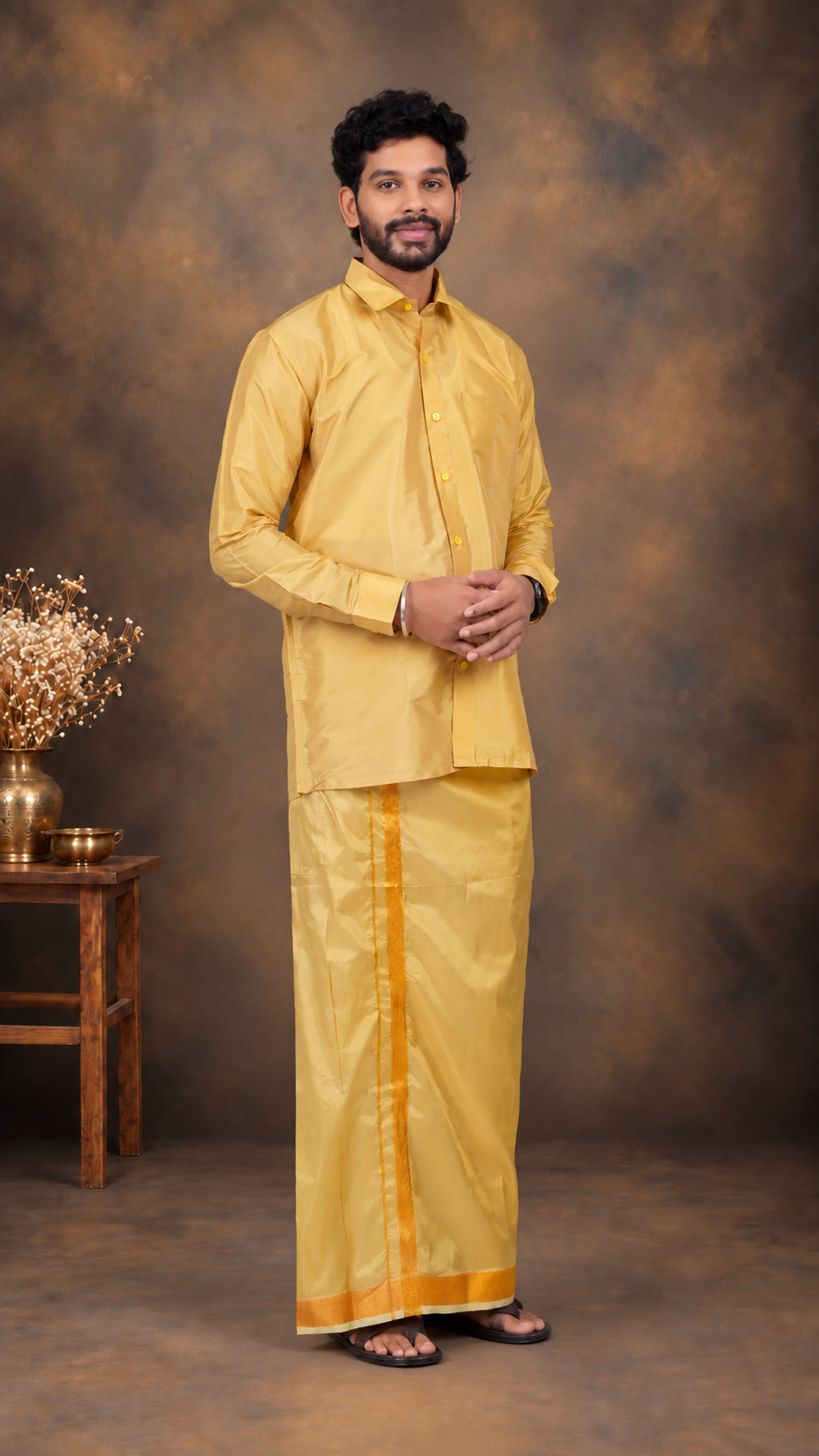 Art Silk Mustard Mappillai Set | 3-in-1 | Double Layer | 1 1/2" Gold Jari Border