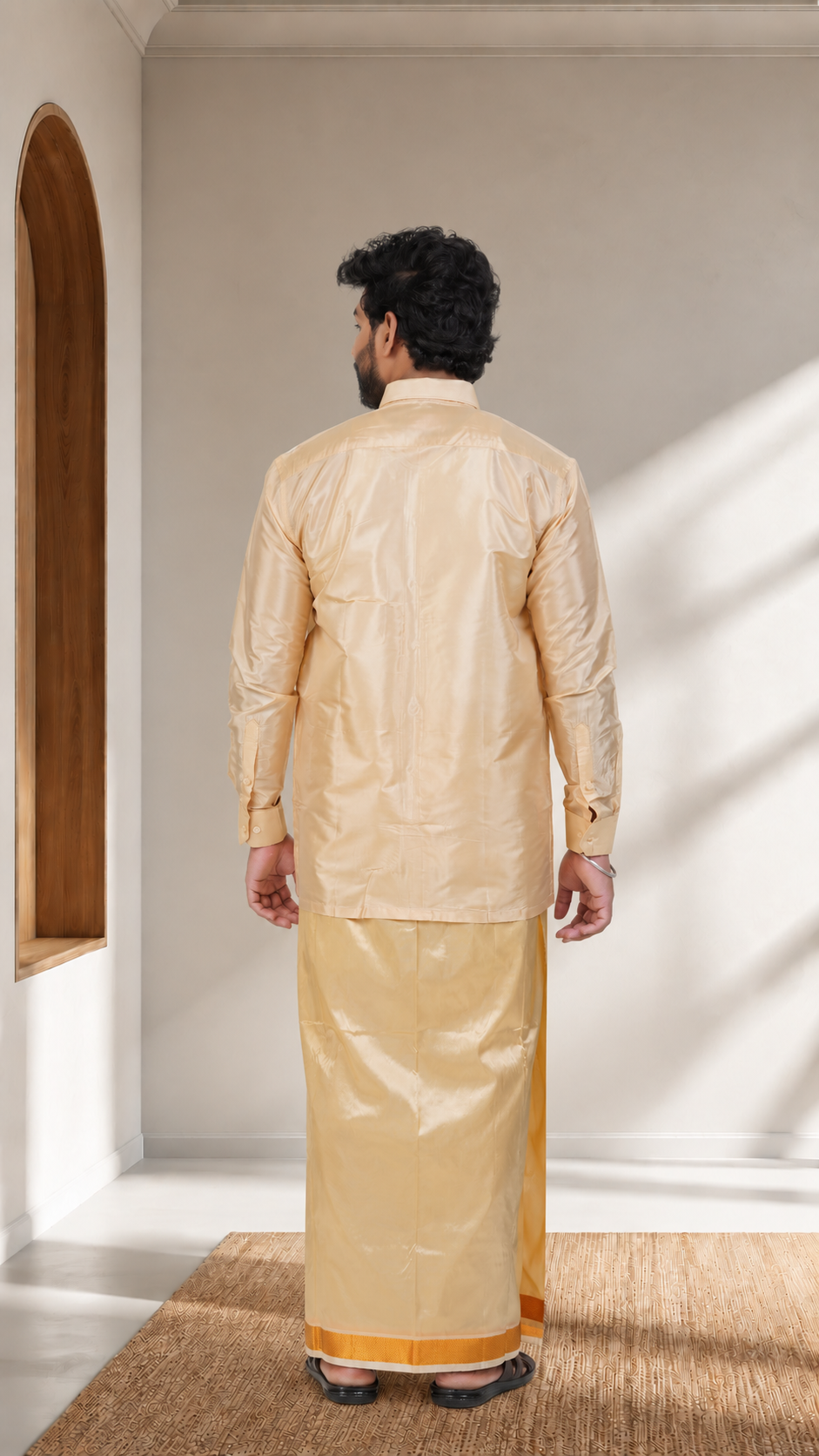 Art Silk Biscuit Velcro Mappillai Set | 3-in-1 | Double Layer | 1 1/2" Copper Jari Border