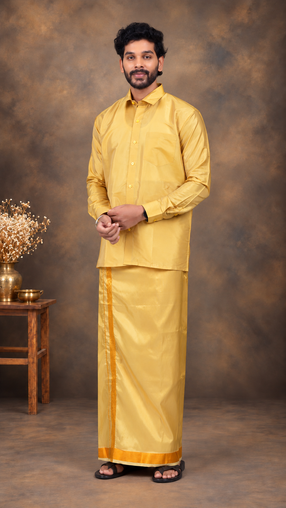 Art Silk Mustard Mappillai Set | 3-in-1 | Double Layer | 1 1/2" Gold Jari Border