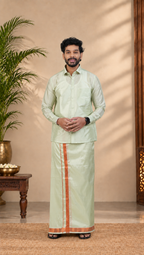 Art Silk Pista Green Velcro Mappillai Set | 3-in-1 | Double Layer | 1 1/2" Copper Jari Border