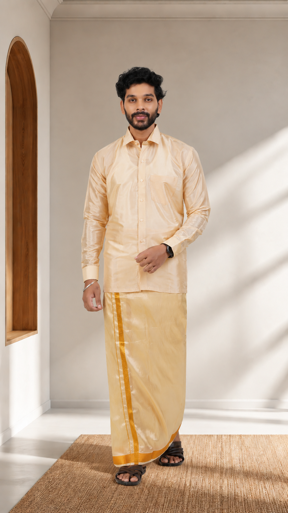 Art Silk Biscuit Velcro Mappillai Set | 3-in-1 | Double Layer | 1 1/2" Copper Jari Border