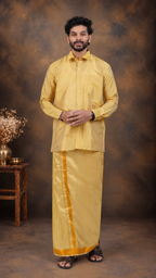 Art Silk Mustard Mappillai Set | 3-in-1 | Double Layer | 1 1/2" Gold Jari Border