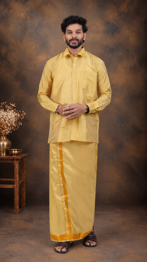 Art Silk Mustard Mappillai Set | 3-in-1 | Double Layer | 1 1/2" Gold Jari Border
