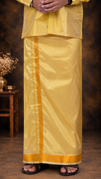 Art Silk Mustard Mappillai Set | 3-in-1 | Double Layer | 1 1/2" Gold Jari Border