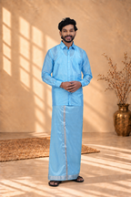 Art Silk Sky Blue Velcro Mappillai Set | 3-in-1 | Double Layer | 1 1/2" Silver Jari Border