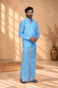 Art Silk Sky Blue Velcro Mappillai Set | 3-in-1 | Double Layer | 1 1/2" Silver Jari Border