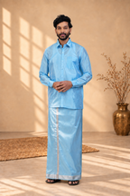 Art Silk Sky Blue Velcro Mappillai Set | 3-in-1 | Double Layer | 1 1/2" Silver Jari Border