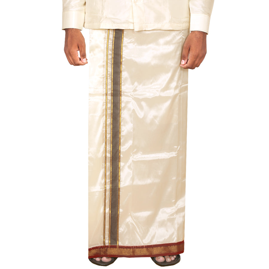 Art Silk Special 5 Kan Cream Dhoti | Double Layer | Mayilkan Border | Kannika