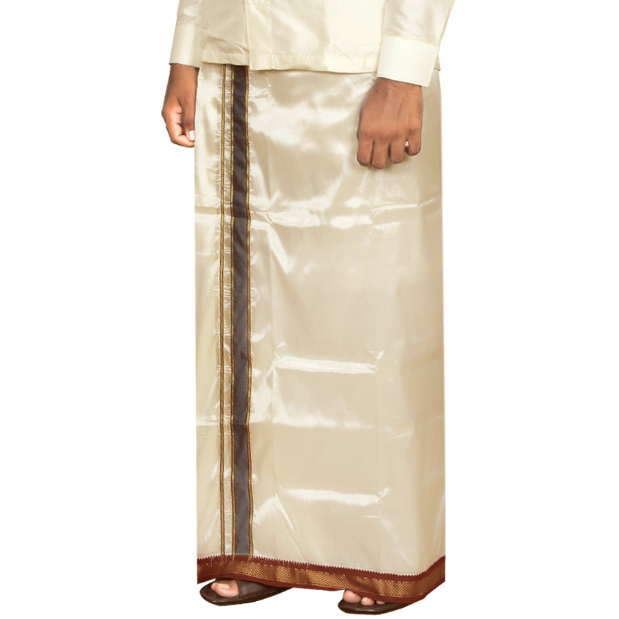 Art Silk Special 5 Kan Cream Dhoti | Double Layer | Mayilkan Border | Kannika