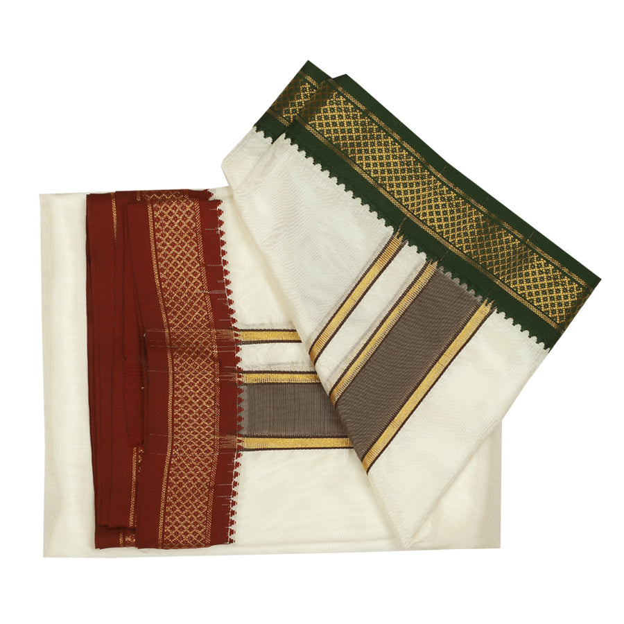 Art Silk Special 5 Kan Cream Dhoti | Double Layer | Mayilkan Border | Kannika