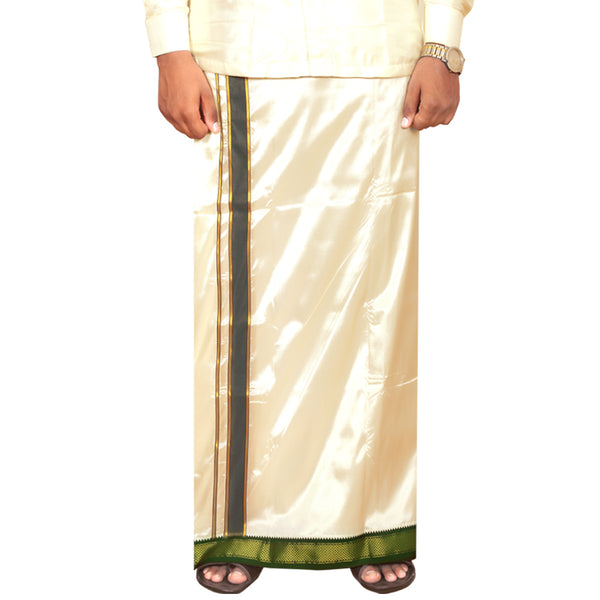 Art Silk Special 7 Kan Cream Velcro Dhoti | Double Layer | Mayilkan Border | Kannika