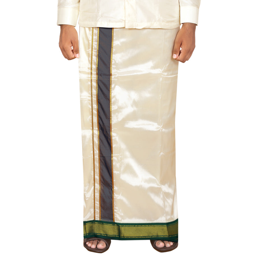 Art Silk 9 Kan Cream Dhoti with Angavastram | Double Layer | Mayilkan Border | Kannika