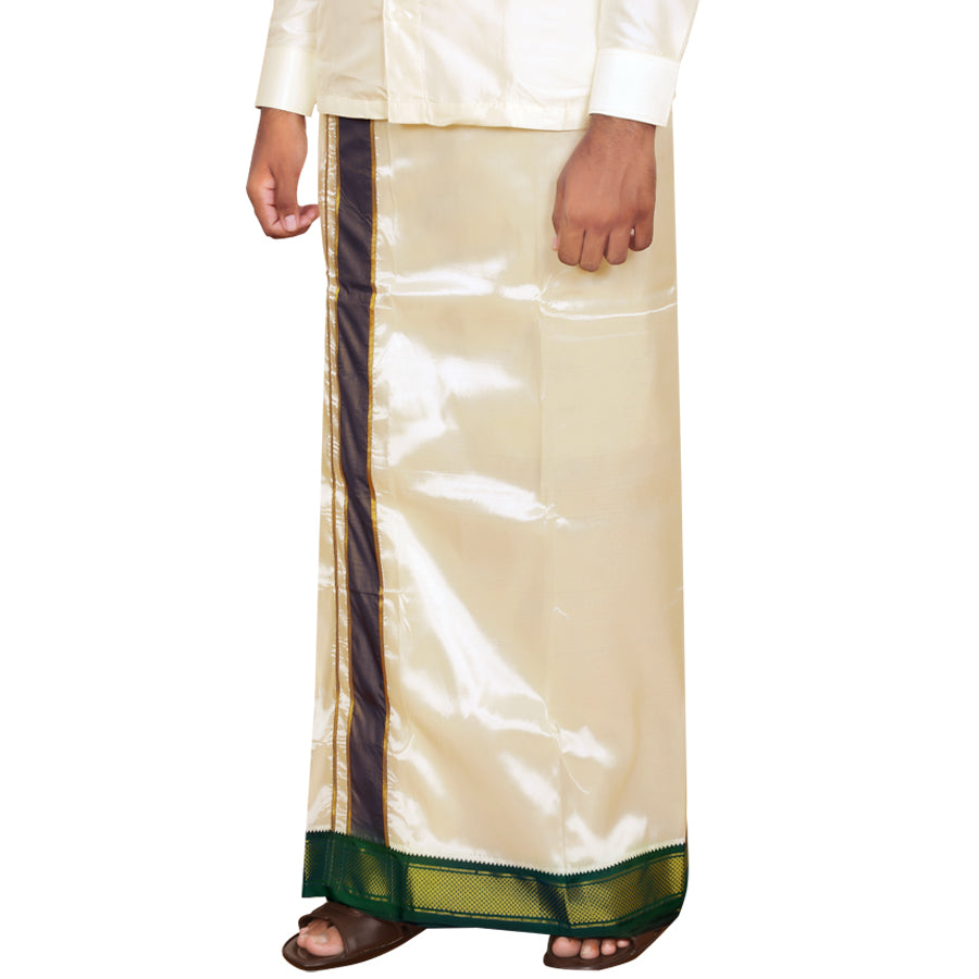 Art Silk 9 Kan Cream Dhoti with Angavastram | Double Layer | Mayilkan Border | Kannika