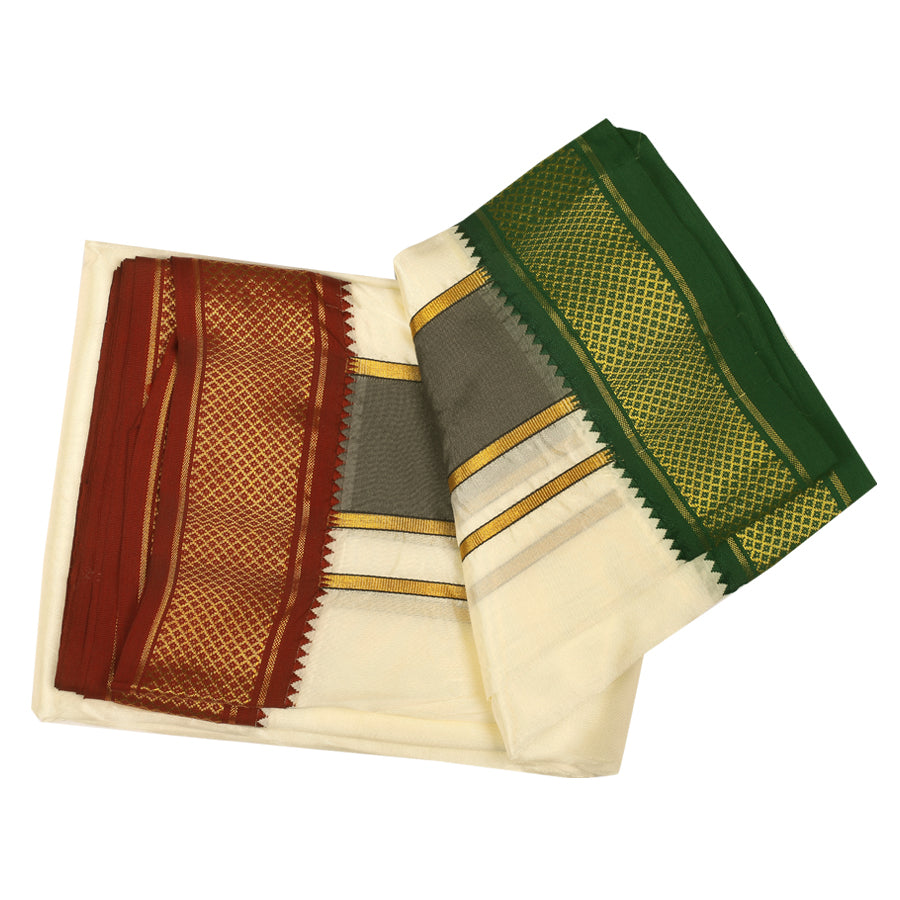 Art Silk 9 Kan Cream Dhoti with Angavastram | Double Layer | Mayilkan Border | Kannika