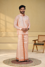 Art Silk Coral Velcro Mappillai Set | 3-in-1 | Double Layer | 1 1/2" Copper Jari Border