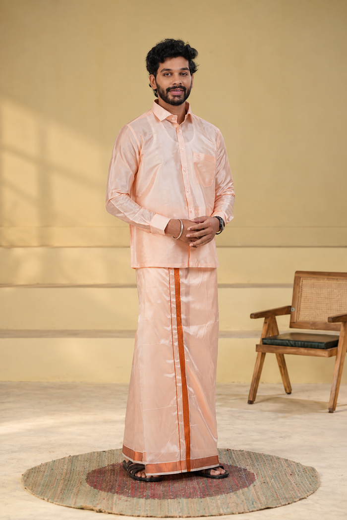 Art Silk Coral Velcro Mappillai Set | 3-in-1 | Double Layer | 1 1/2" Copper Jari Border