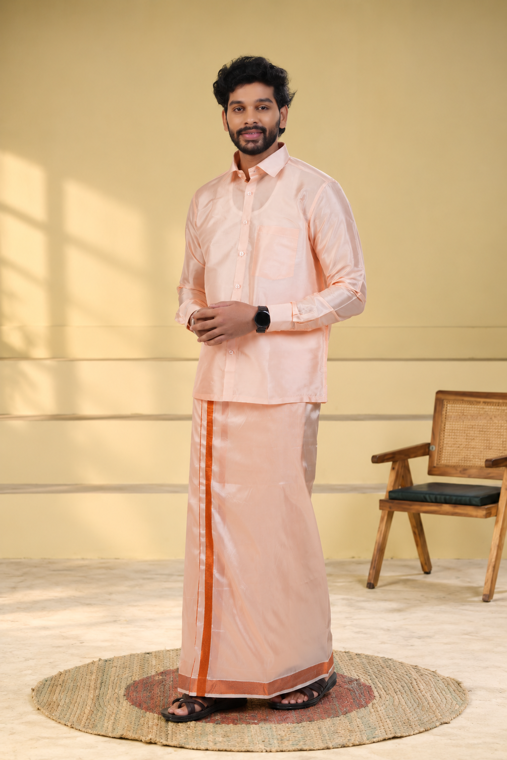 Art Silk Coral Velcro Mappillai Set | 3-in-1 | Double Layer | 1 1/2" Copper Jari Border