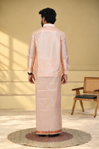 Art Silk Coral Velcro Mappillai Set | 3-in-1 | Double Layer | 1 1/2" Copper Jari Border