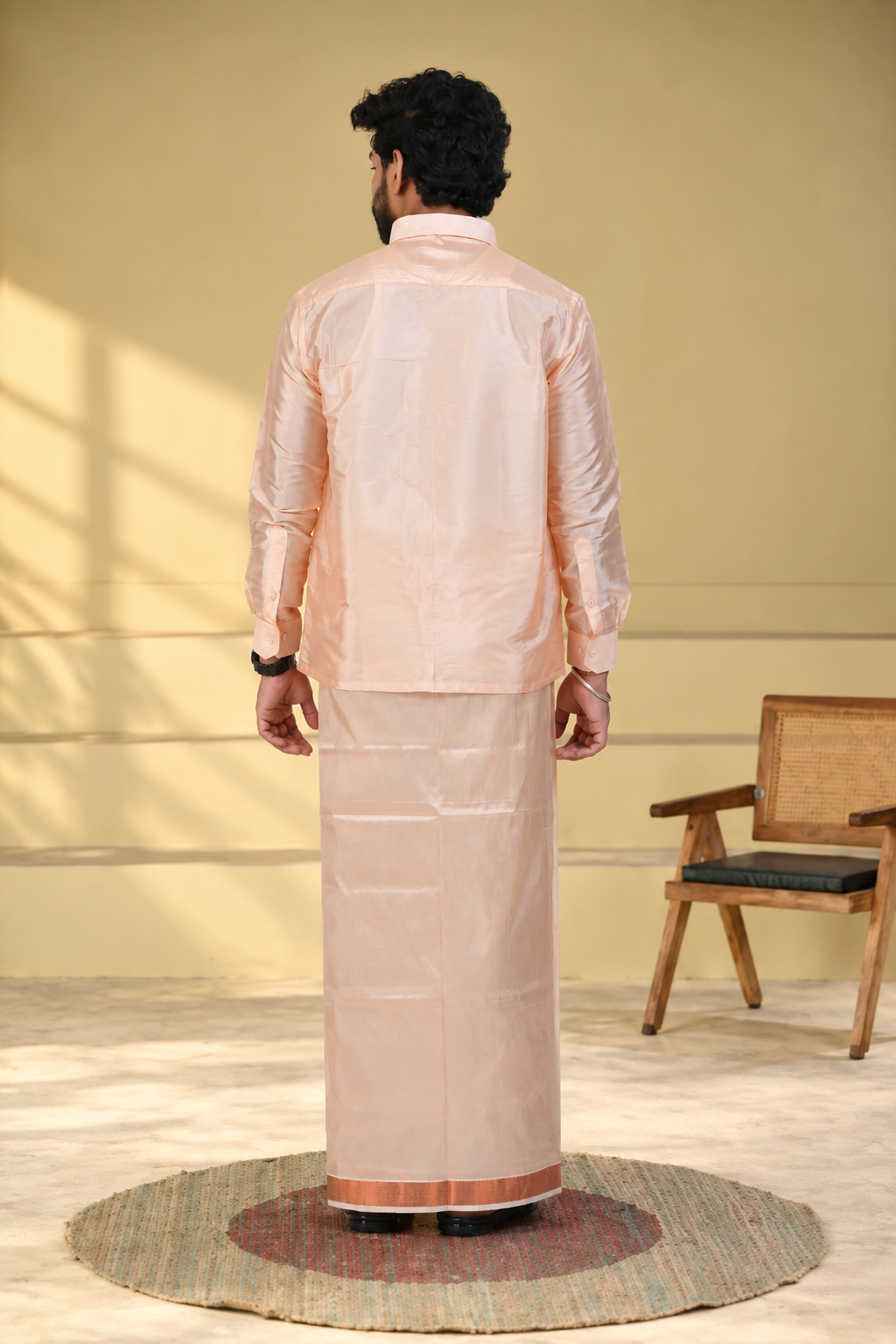 Art Silk Coral Velcro Mappillai Set | 3-in-1 | Double Layer | 1 1/2" Copper Jari Border