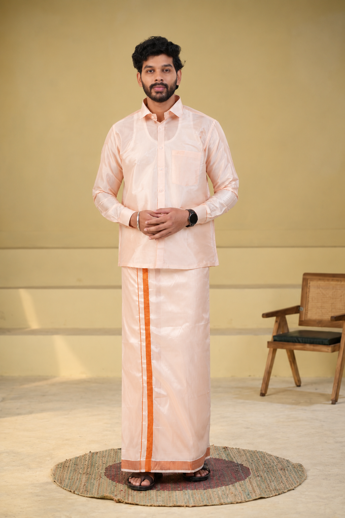 Art Silk Coral Velcro Mappillai Set | 3-in-1 | Double Layer | 1 1/2" Copper Jari Border