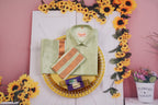 Art Silk Pista Green Mappillai Set | 3-in-1 | Double Layer | 1 1/2" Copper Jari Border