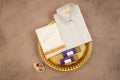 Art Silk Cream Mappillai Set | 2-in-1 | Double Layer | 1" Gold Jari Border