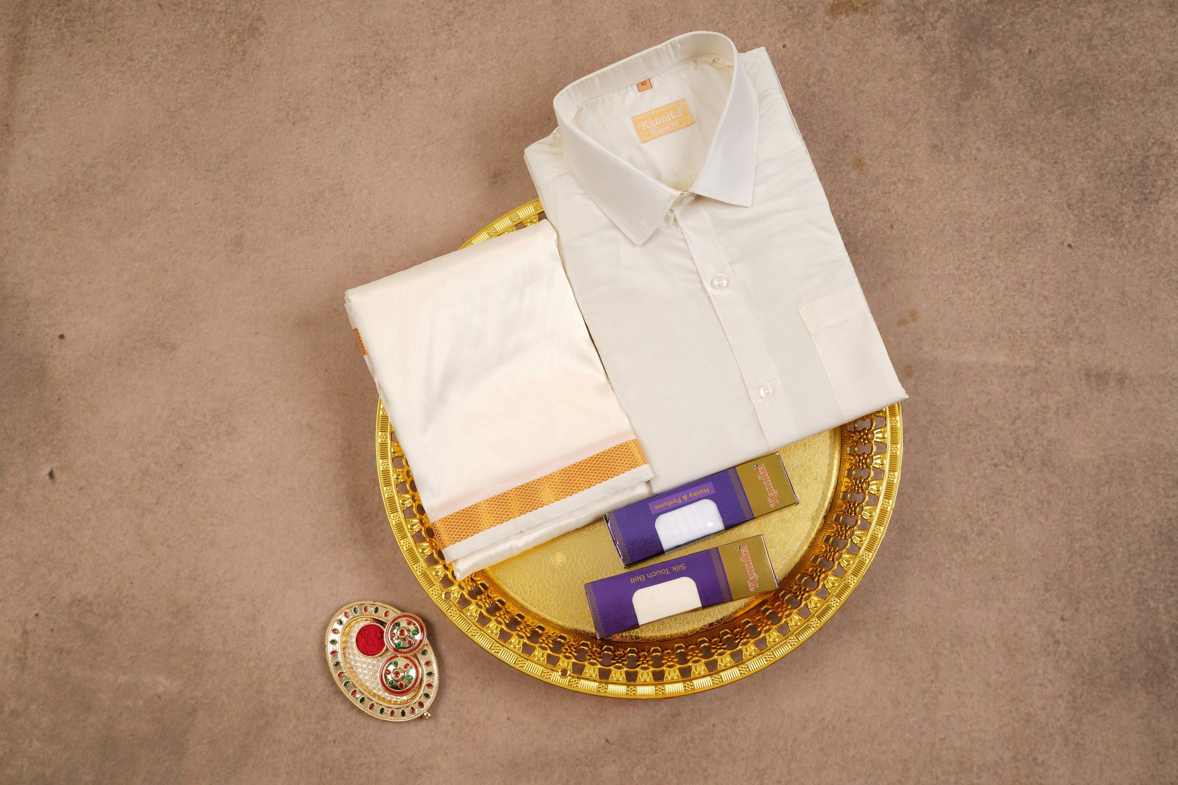 Art Silk Cream Mappillai Set | 2-in-1 | Double Layer | 1" Gold Jari Border