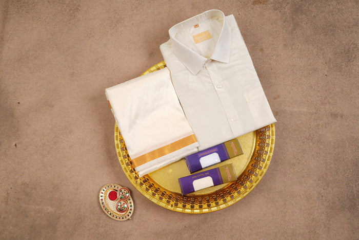 Art Silk Cream Mappillai Set | 2-in-1 | Double Layer | 1" Gold Jari Border
