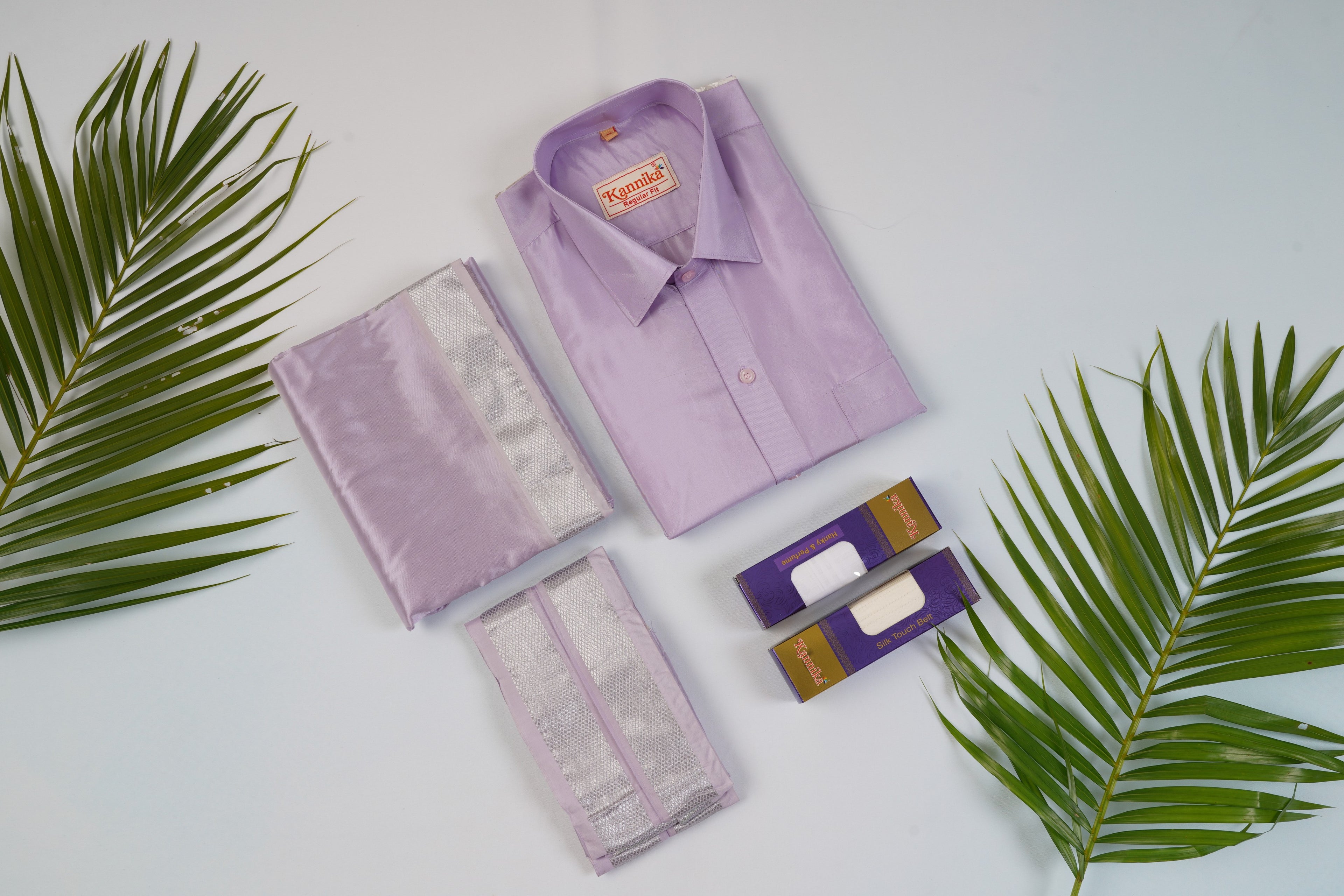 Art Silk Lavander Mappillai Set | 3-in-1 | Double Layer | 1 1/2" Silver Jari Border