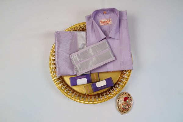 Art Silk Lavander Velcro Mappillai Set | 3-in-1 | Double Layer | 1 1/2" Silver Jari Border