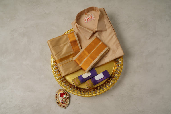 Art Silk Biscuit Velcro Mappillai Set | 3-in-1 | Double Layer | 1 1/2" Copper Jari Border