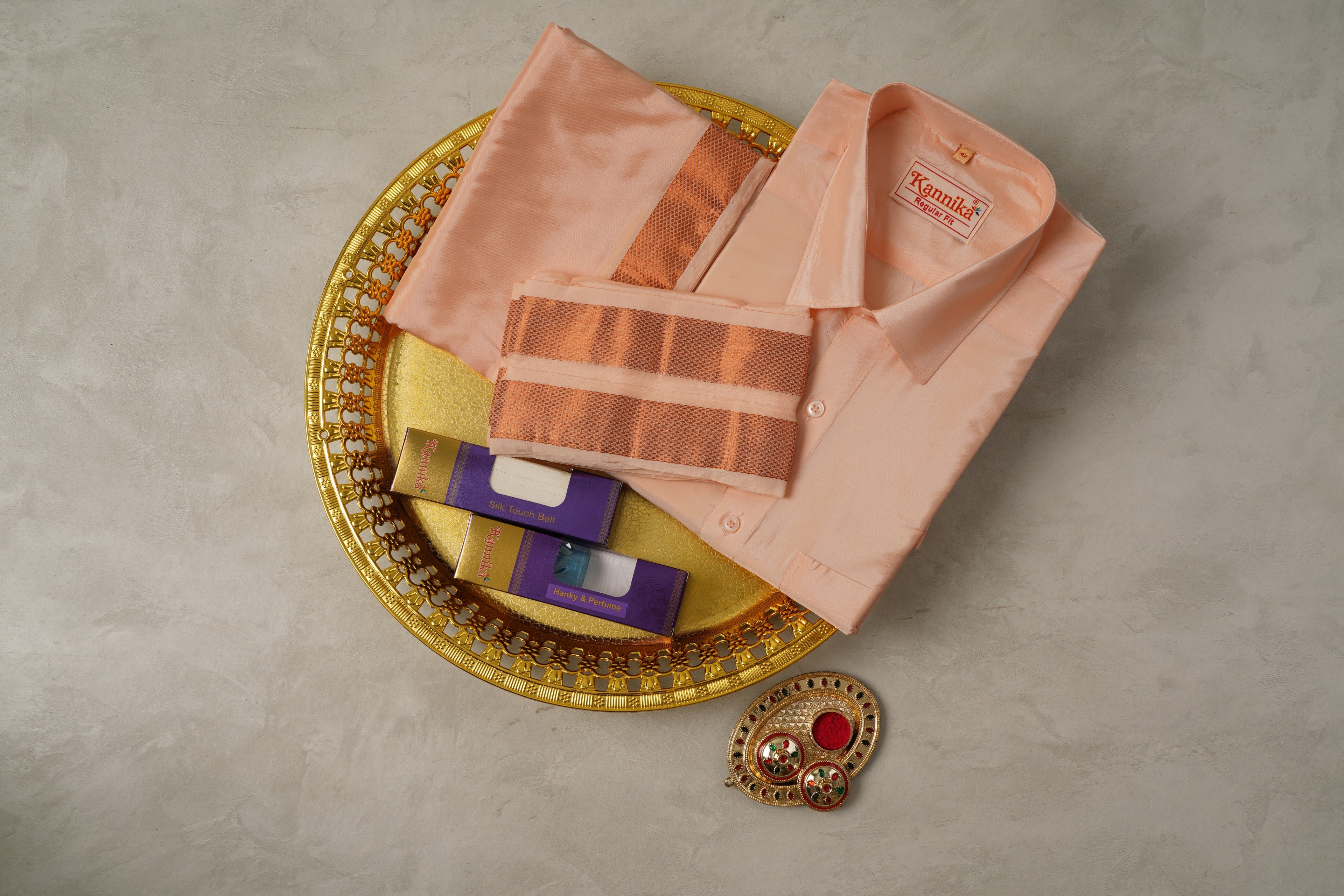 Art Silk Cooper Velcro Mappillai Set | 3-in-1 | Double Layer | 1 1/2" Copper Jari Border