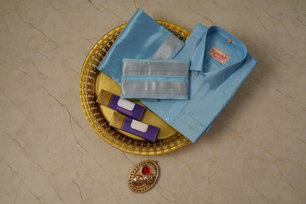 Art Silk Sky Blue Velcro Mappillai Set | 3-in-1 | Double Layer | 1 1/2" Silver Jari Border