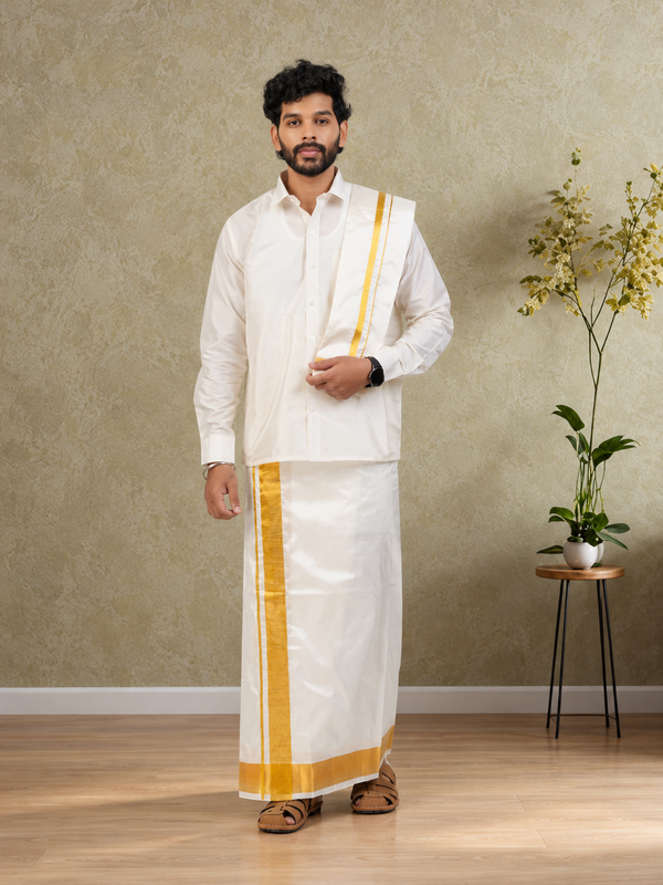 Pure Silk Cream Dhoti with Angavastram | Double Layer | 3" Gold Jari Border
