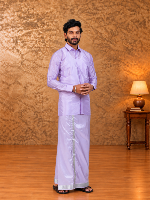 Art Silk Lavander Velcro Mappillai Set | 3-in-1 | Double Layer | 1 1/2" Silver Jari Border