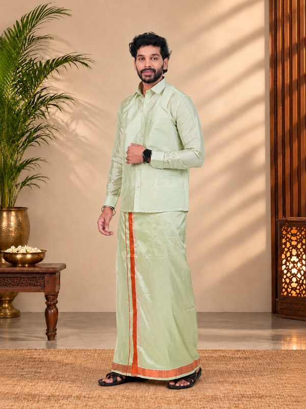 Art Silk Pista Green Velcro Mappillai Set | 3-in-1 | Double Layer | 1 1/2" Copper Jari Border