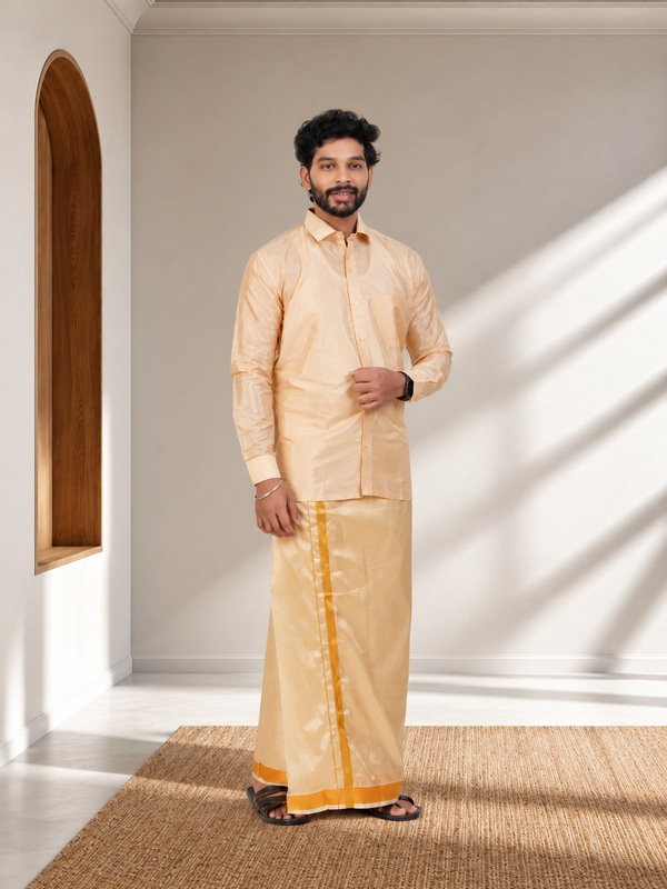 Art Silk Biscuit Velcro Mappillai Set | 3-in-1 | Double Layer | 1 1/2" Copper Jari Border