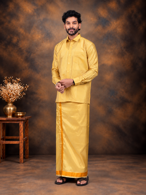 Art Silk Mustard Mappillai Set | 3-in-1 | Double Layer | 1 1/2" Gold Jari Border