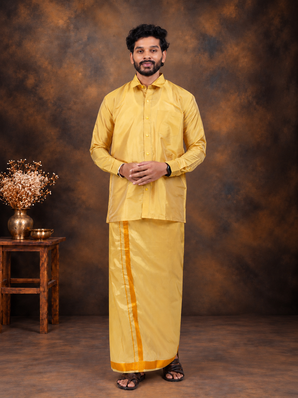 Art Silk Mustard Velcro Mappillai Set | 3-in-1 | Double Layer | 1 1/2" Gold Jari Border