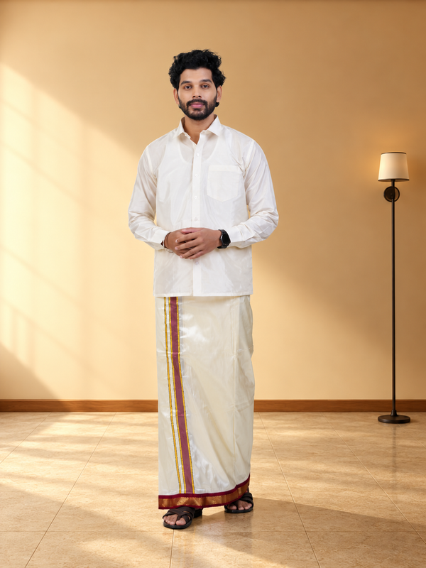 Semi Silk 5 Kan Cream Dhoti | Double Layer | Mayilkan Border | Kannika