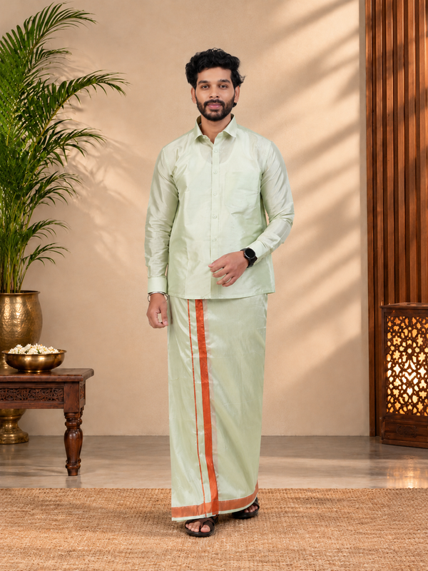 Art Silk Pista Green Mappillai Set | 3-in-1 | Double Layer | 1 1/2" Copper Jari Border