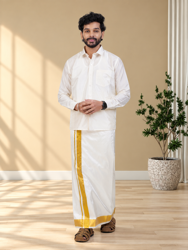 Pure Silk Cream Dhoti | Double Layer | 4" Gold Jari Border