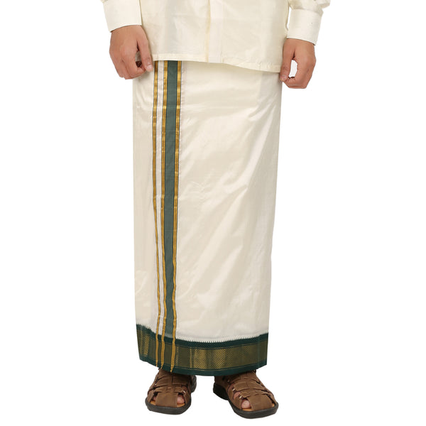 Pure Silk 11 Kan Cream Velcro Dhoti | Double Layer | Mayilkan Border | Kannika
