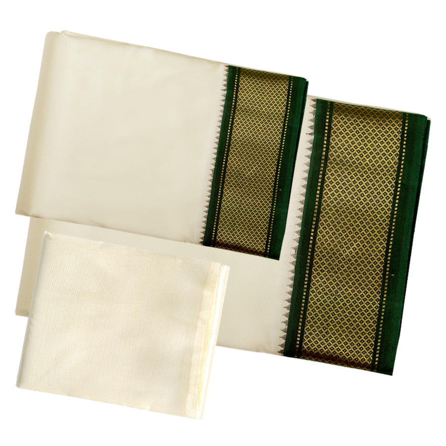 Pure Silk 11 Kan Cream Velcro Dhoti | Double Layer | Mayilkan Border | Kannika
