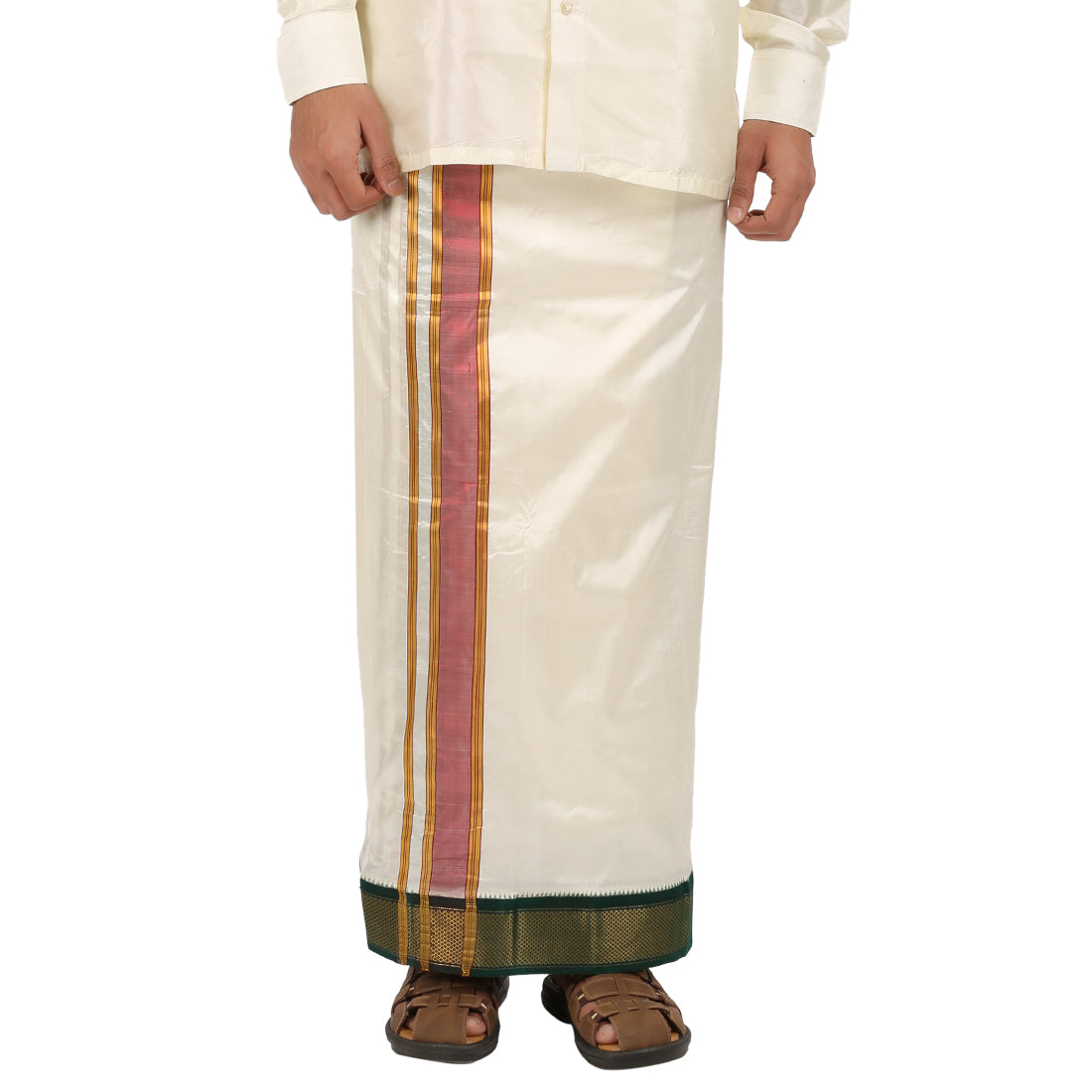 Pure Silk 13 Kan Cream Dhoti | Double Layer | 13 Kan Mayilkan Border