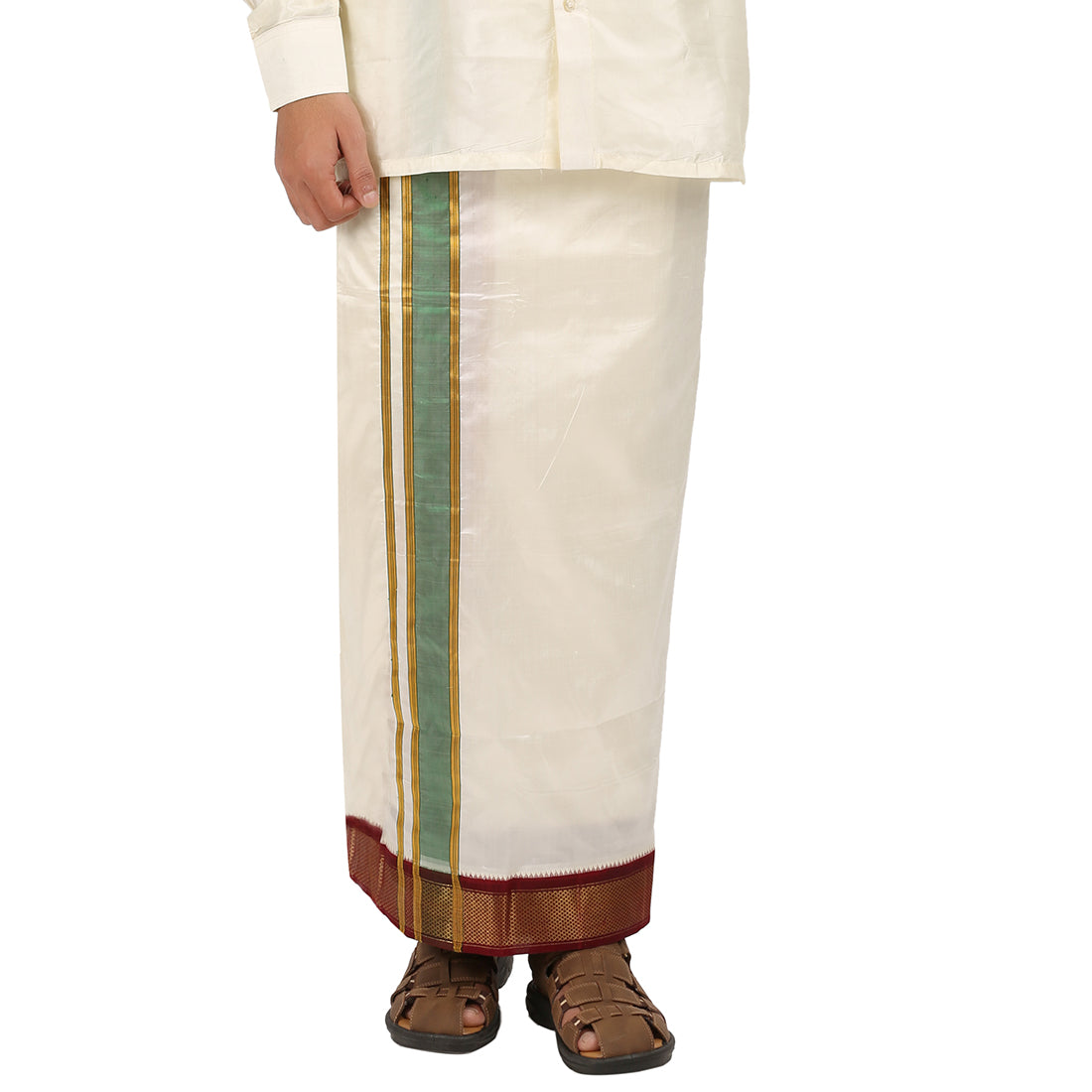 Pure Silk 13 Kan Cream Dhoti | Double Layer | 13 Kan Mayilkan Border